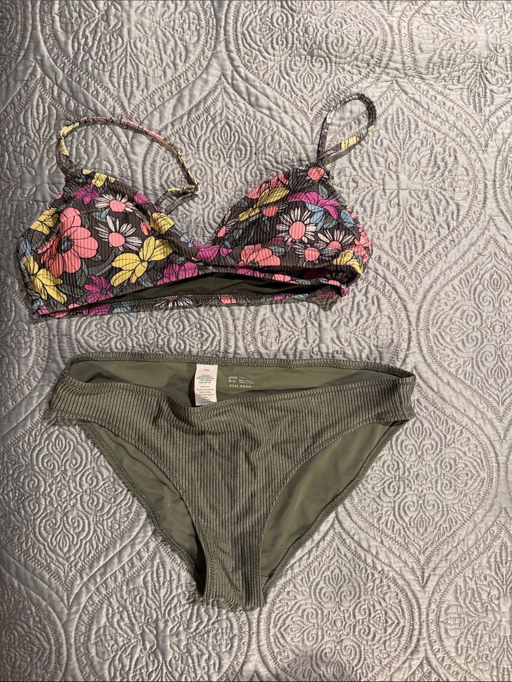 aerie Floral Triangle Bikini Top with Olive Ribbed Bottom